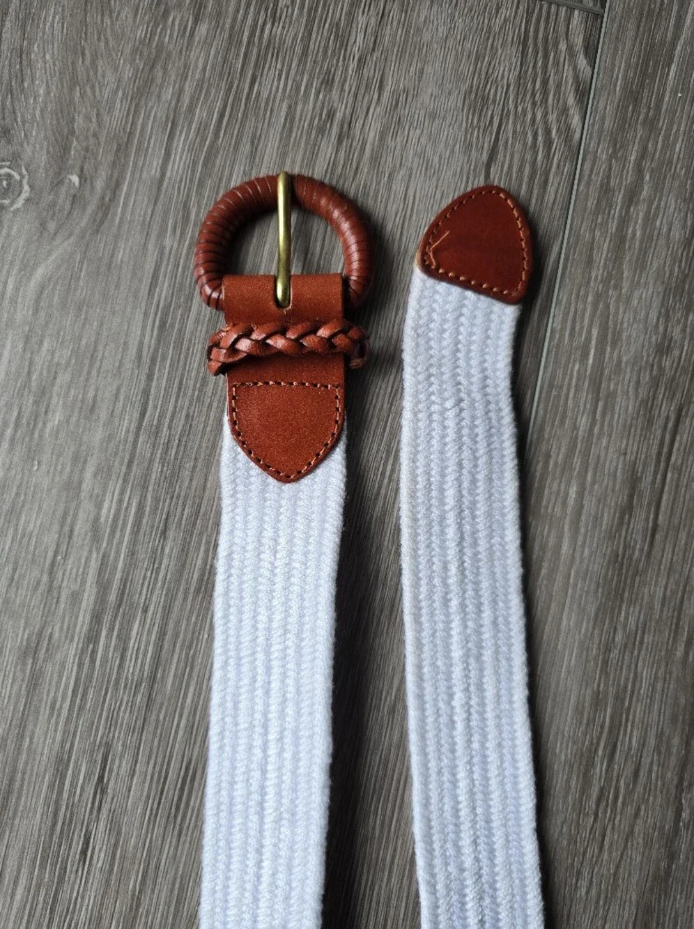 Talbots White Woven Stretch Belt Cognac Leather Round Buckle Preppy Coastal M